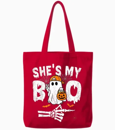 He's My Boo Matching Couple Halloween Couples She's My Boo Tote Bags - Red