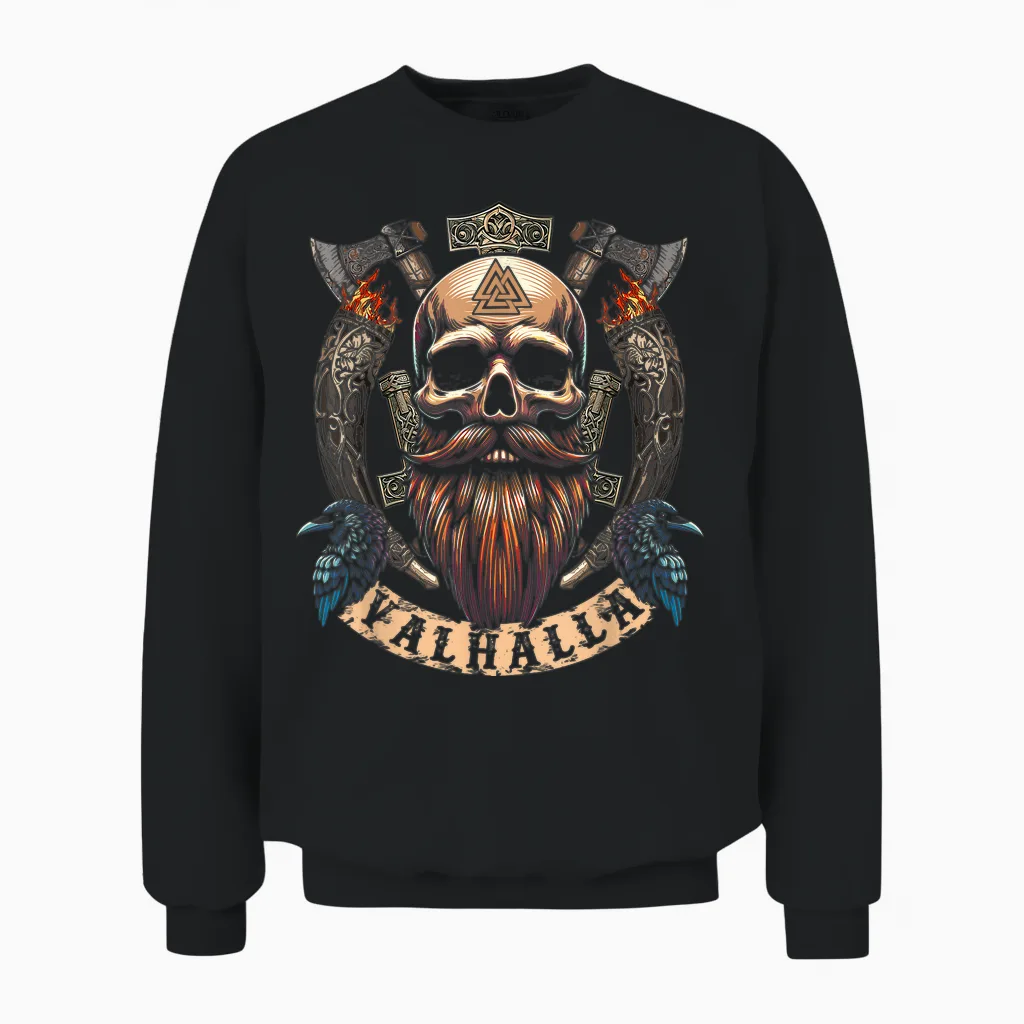 Skull Beard Valhalla Scroll - Viking Axe with Odins Raven Unisex Sweatshirt in Black