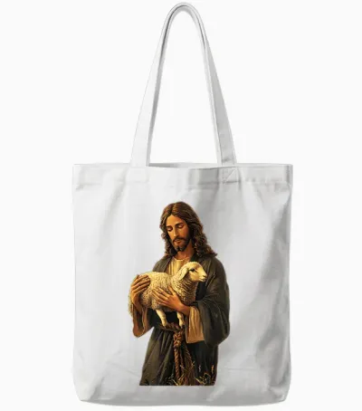 Friedliche Religiöse Darstellung Serener Jesus Mit Lamm Christliche Kunst T-Shirt Für Christen, Unisex, Weiß, S Tote Bags - White