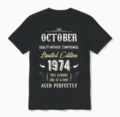 October 1974 Vintage Birthday Present Unisex T-Shirt - Black