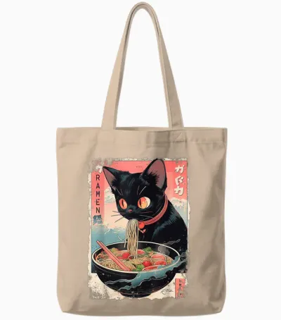 Cat Ramen Noodle Japanese Anime Manga Ramen Kawaii Cat T-Shirt, Black Tote Bags - Natural