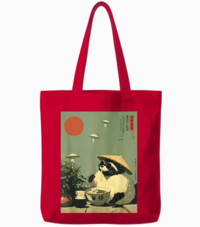 Funny Vintage Japanese Raccoon Ramen Ufo Alien Space Noodles Tote Bags - Red