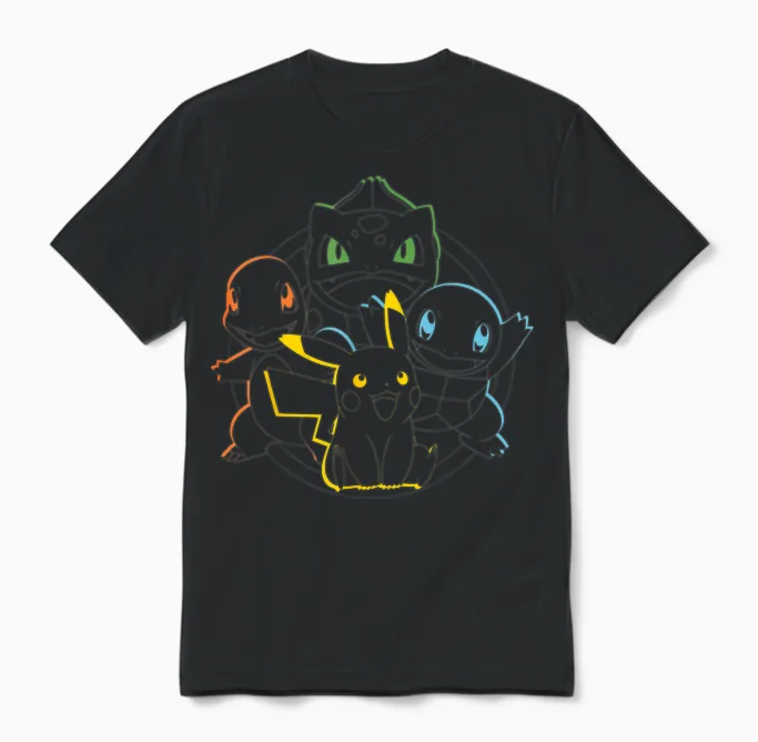 Pokémon - Pikachu Charmander Bulbasaur Squirtle Kanto Circle Unisex T-Shirt in Black