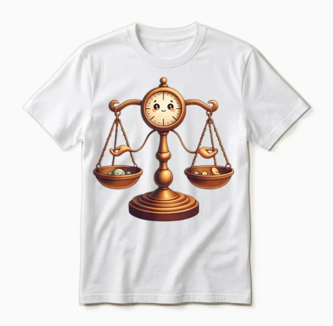 Vintage Balance Scale Illustration with Clock Face Unisex T-Shirt in White