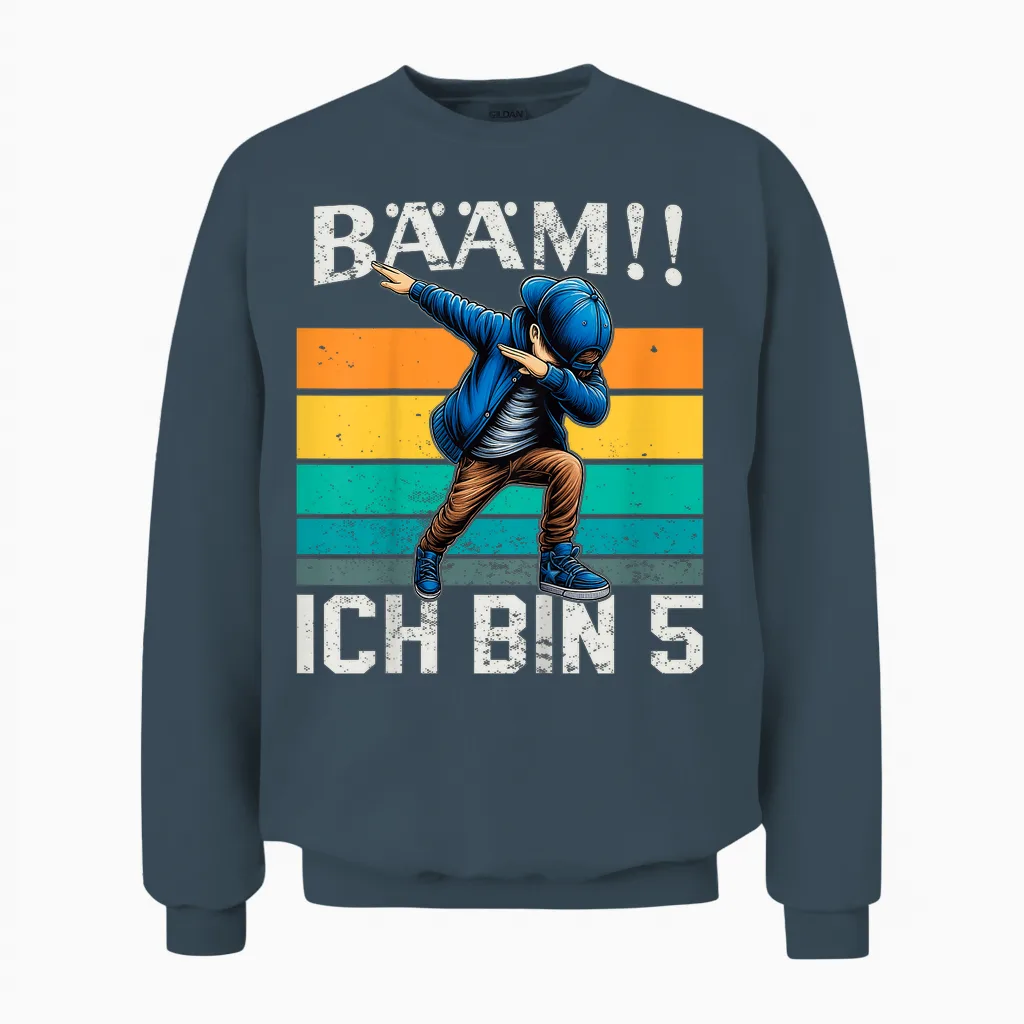 Kinder Geburtstag Dabbing Jungen Bääm Ich Bin 5 Jahre Unisex Sweatshirt in Dark Heather