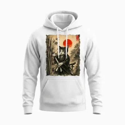 Samurai Cat Japanese Art Men Boys Funny Graphic Tee Anime Unisex Hoodie - White