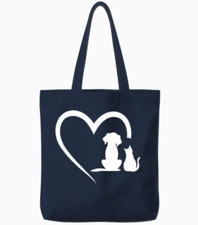 Dog Puppy and Baby Cat Heart - Animal Dog & Cat Heart T-Shirt for Men Women Girls Kids Tote Bags - Navy