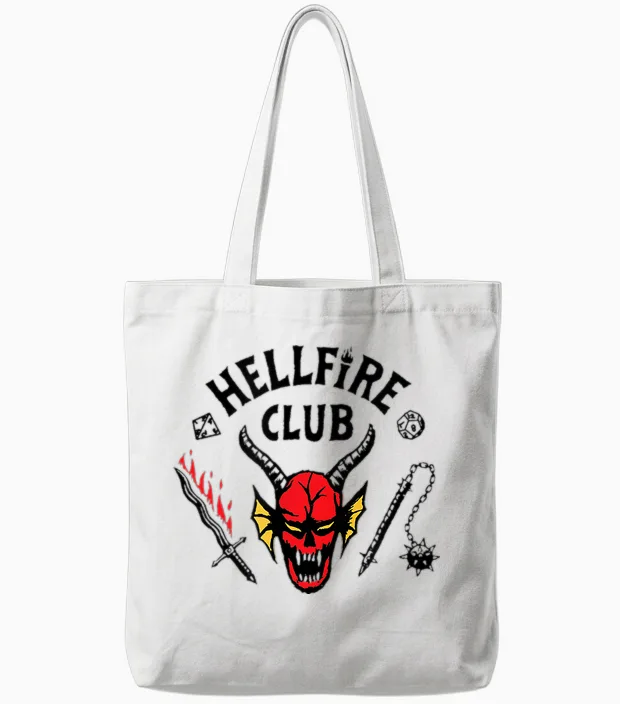 Stranger Things Hellfire Club T-Shirt, Grey, S Tote Bags in White