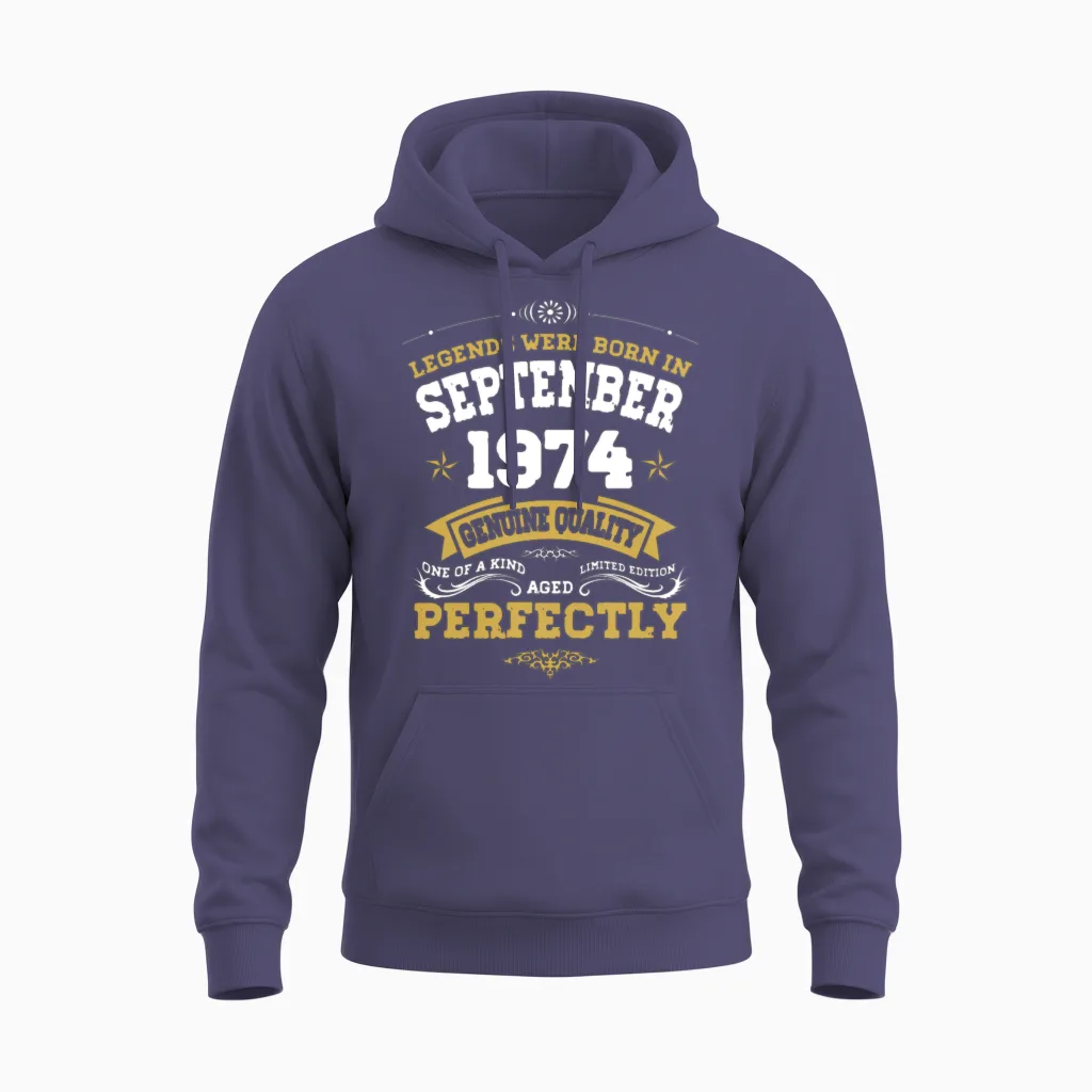 Vintage Aged to Perfection September 1974 Unisex Hoodie in Heather Sport Dark Navy