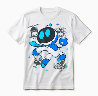 Astrobot Playstation's Astro Bot Fighting Enemies in Space Unisex T-Shirt - White