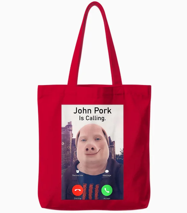 John Pork Is Calling Funny Sarcastic Answer Phone Humor Tote Bags in Red