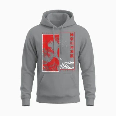 Japanese Art Hokusai Japan Aesthetic Kanagawa Big Wave T-Shirt, Black, S Unisex Hoodie - Sport Grey