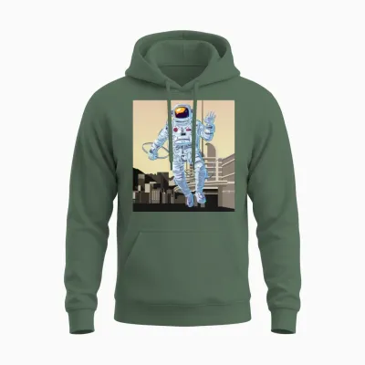 Astronaut in a Retro Moon Design Unisex Hoodie - Military Green