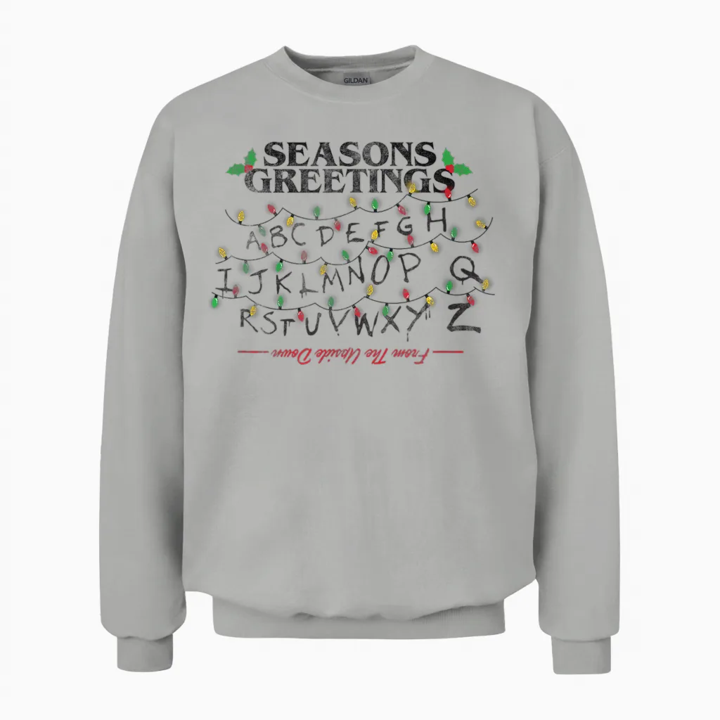 Stranger Things Christmas Greetings Upside Down Distressed Unisex Sweatshirt in Ash