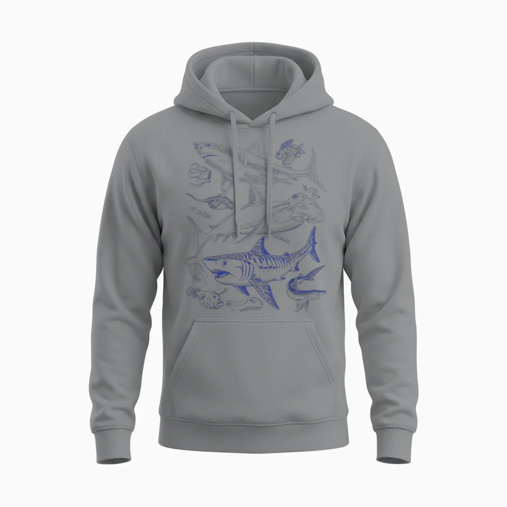 Shark Species Vintage Illustration - Hammerhead Shark Tiger Shark T-Shirt, White Unisex Hoodie in Sport Grey