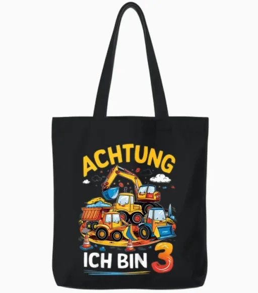 Kids 3rd Birthday Digger 3 Years Old Construction Site Boy Digger T-Shirt, Black Tote Bags - Black