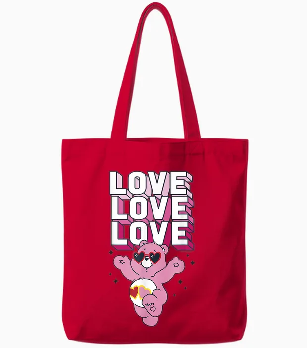 Care Bears Valentine's Day Love-A-Lot Bear Pop Love Stack T-Shirt, Grey, S Tote Bags in Red