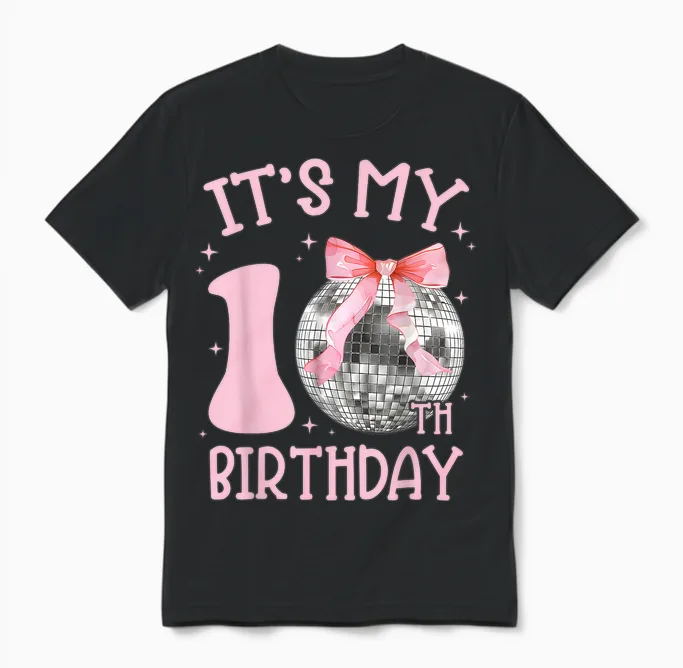 10th Birthday Coquette Bow Disco Ball 10 Year Old Birthday Unisex T-Shirt in Black