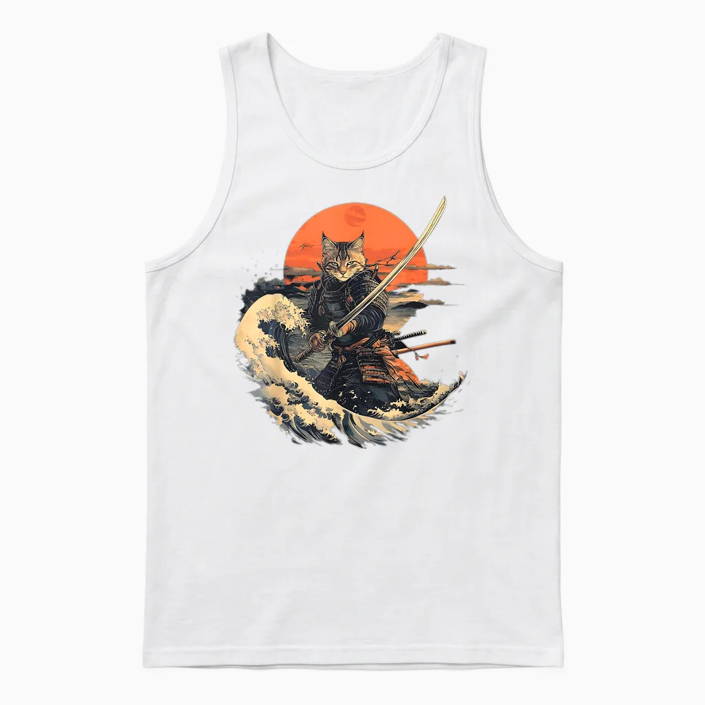 Samurai Cat Graphic Tee Warrior Vintage Japanese Art Anime T-Shirt for Men Women Girls Kids Unisex Tank Top in White
