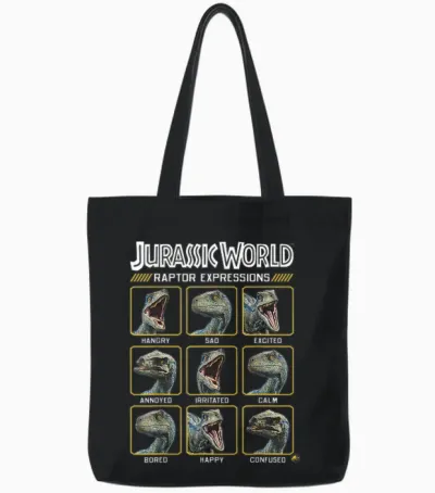 Jurassic World Two Blue Raptor Expressions Graphic Short Sleeve Tote Bags - Black