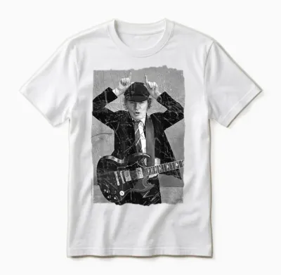 Ac/dc Rock Music Band Angus Young Distressed Photo T-Shirt, Black Unisex T-Shirt - White