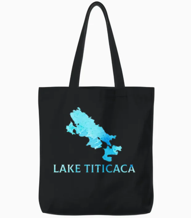 Lake Titicaca, Vintage Lake Titicaca Tote Bags in Black