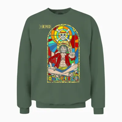 One Piece Anime Monkey D. Luffy Stained Glass Window Unisex Sweatshirt - Military Green
