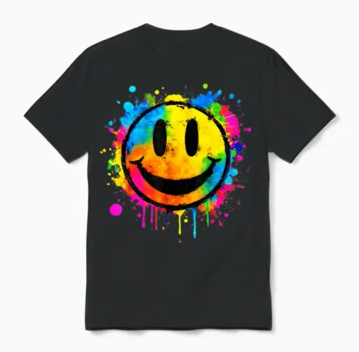Cute Paint Splash Happy Smile Face 70s Tie Dye Smiling Funny Unisex T-Shirt in Black