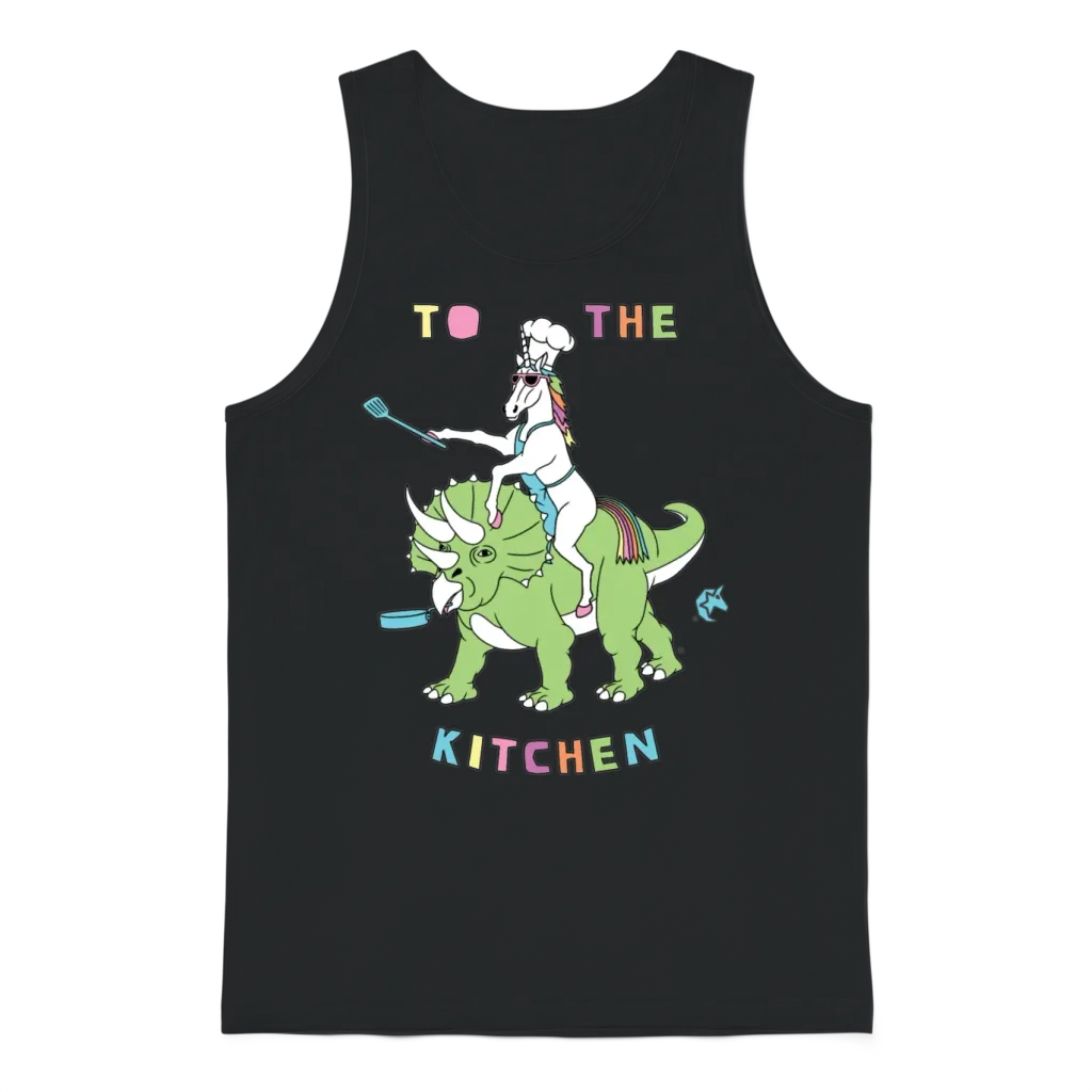 To the Kitchen Unicorn Riding Dinosaur Unisex Tank Top - Black
