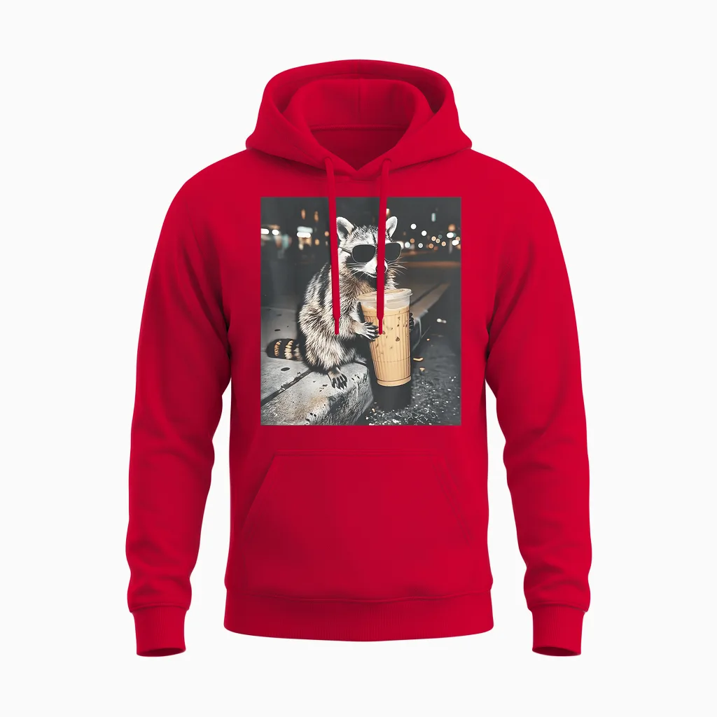 Raccoon Drinking Iced Coffee Funny Animal Meme Men Women Unisex Hoodie in Red