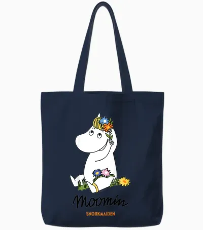Children's T-Shirt with Moomin Snorkmaiden Flowers in Hair, White Tote Bags - Navy
