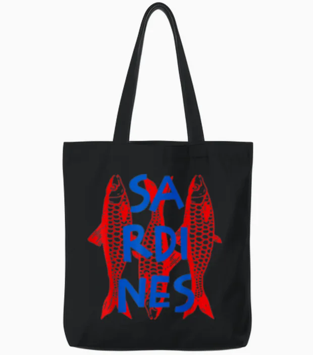 Retro Distressed Graphic Sardines Fish for Men and Women Tote Bags in Black