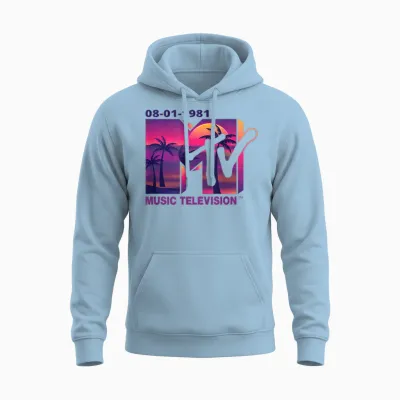 Mademark X Mtv - the Official 1981 Mtv Logo with Purple Palms in the Sunset Unisex Hoodie - Light Blue