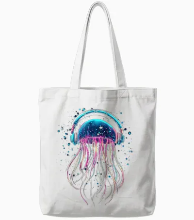 @n!mal Quallen Tiermotiv Musik Kopfhörer Kunst Quallen T-Shirt Schwarz S Cartoon Klassisch Crew-Neck Kurzarm Unisex Erwachsene Kinder Tierliebhaber Tote Bags - White