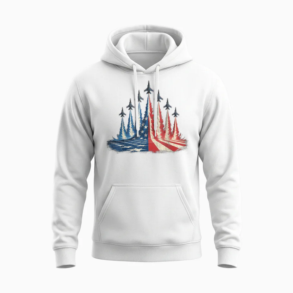 Fighter Jet American Flag 4th of July Unisex Hoodie in White