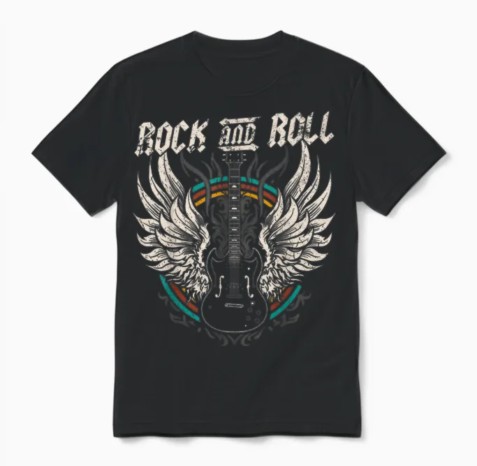 Rock and Roll Guitar Vintage Rock Music T-Shirt, Black Unisex T-Shirt in Black
