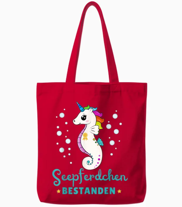 Children's T-Shirt Seahorse Passed Early Swimmer Badge, Black Tote Bags in Red
