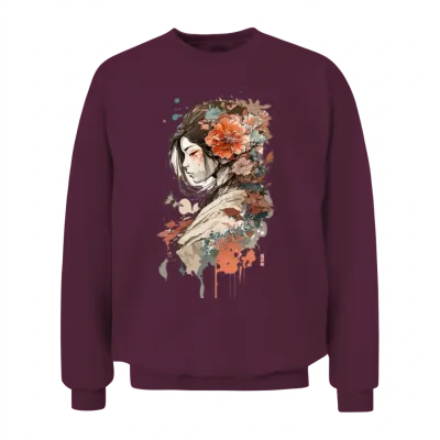 Aesthetic Japanese Art Geisha with Rose Unisex Sweatshirt - Maroon