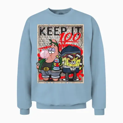 Mademark X Spongebob Squarepants - Spongebob and Patrick Keep It 100 Hip Hop Rap Graffiti Cool Unisex Sweatshirt - Light Blue