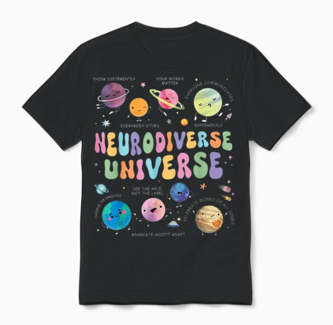 Neurodiverse Universe Autism Awareness Understand Accept Unisex T-Shirt in Black