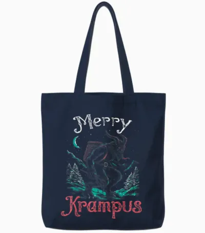 Classic Folklore Christmas Merry Krampus Festive Horror Xmas Tote Bags - Navy