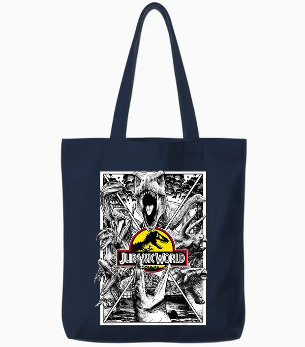 Portrait Jurassic World All Dinos X-Factor T-Shirt, Black, S Tote Bags in Navy