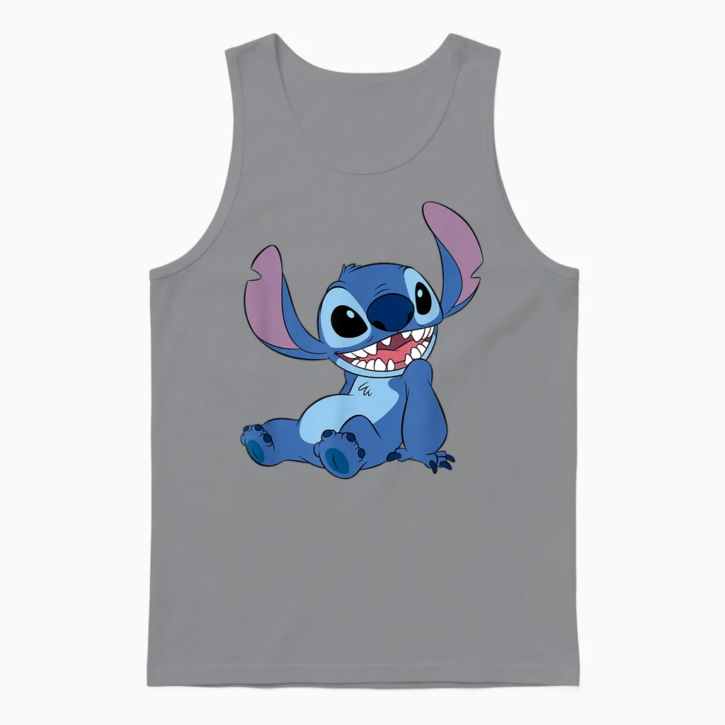 Disney Lilo & Stitch Happy Mood Good Alien Pose Logo T-Shirt, Black Unisex Tank Top in Sport Grey