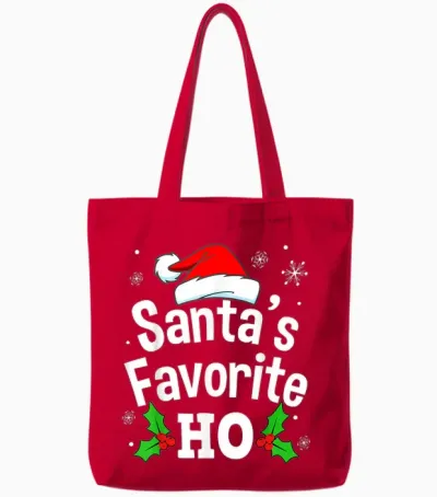 Funny Christmas Santa's Favorite Ho Naughty Pajama Black Unisex Adult Cotton Polyester Short Sleeve T-Shirt Small Tote Bags - Red