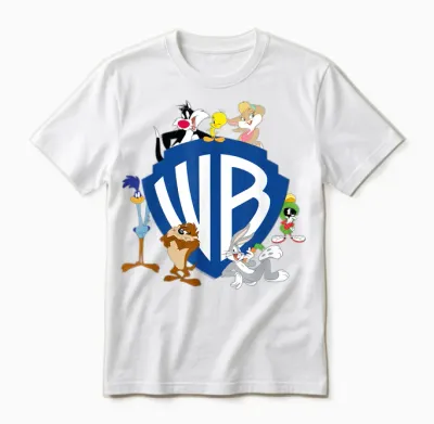 Wb 100: Looney Tunes Wb Shield Logo with Bugs, Taz, Tweety T-Shirt, Gray Unisex T-Shirt - White