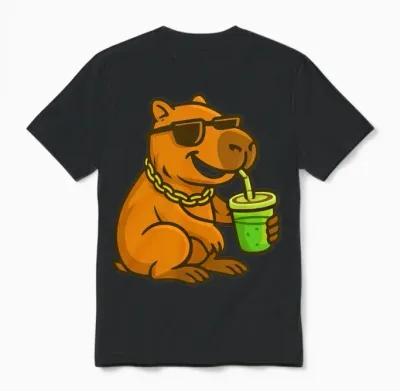 Cool Capybara Drinking Juice Cartoon Unisex T-Shirt - Black