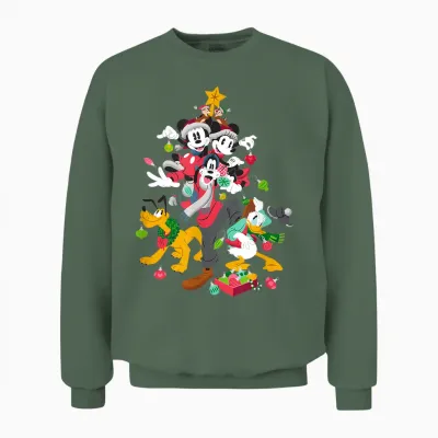 Disney Mickey Minnie Goofy Pluto Chip Dale Christmas Tree Unisex Sweatshirt - Military Green