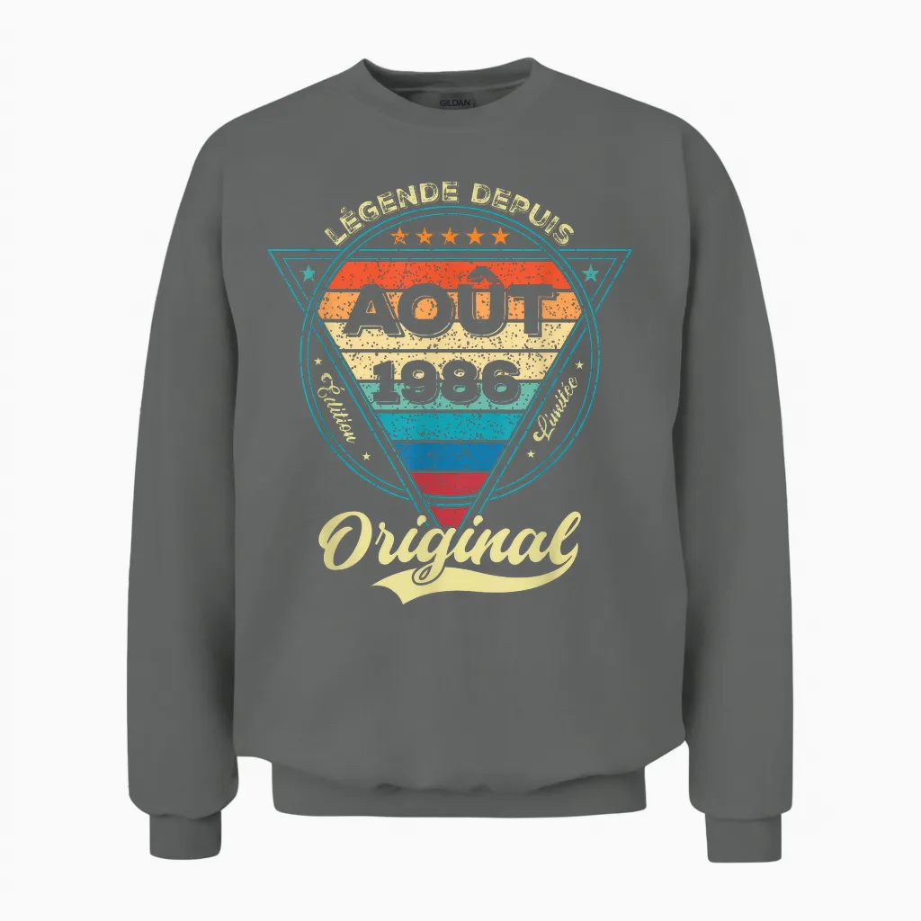 Legend Since August 1986 39th Birthday Unisex Sweatshirt in Graphite Heather