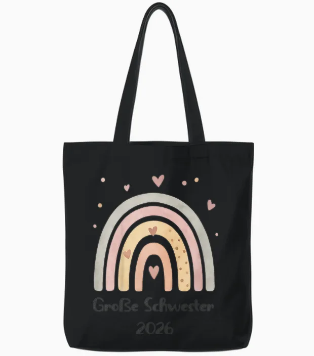 Children's Big Sister 2026 Rainbow Heart Motif Tote Bags in Black