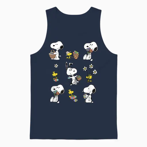 Peanuts Snoopy Woodstock Easter Spring Pattern T-Shirt, Gray Unisex Tank Top in Navy